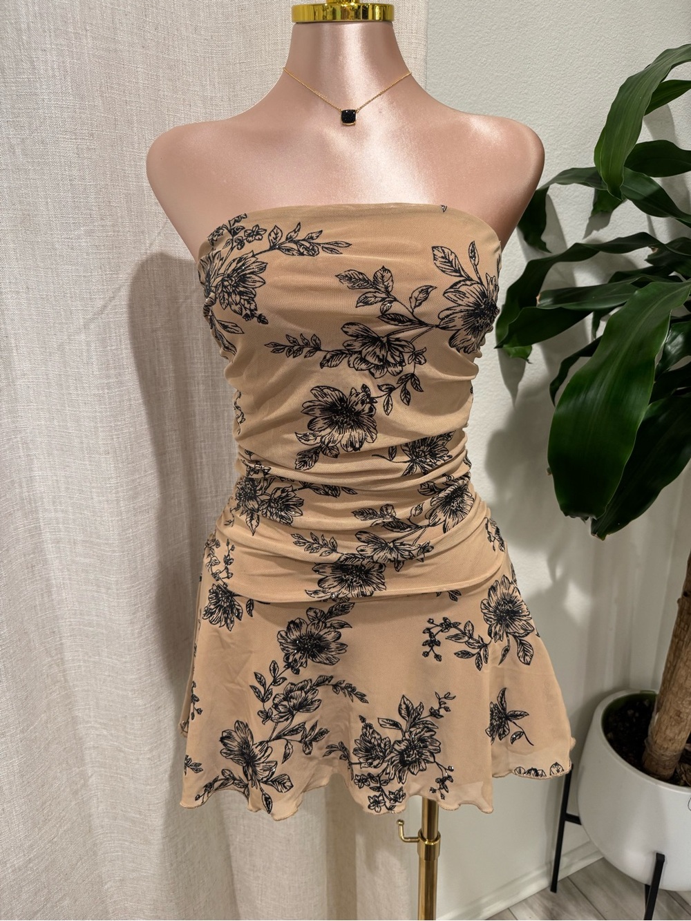Strapless Beige Floral Mini Dress